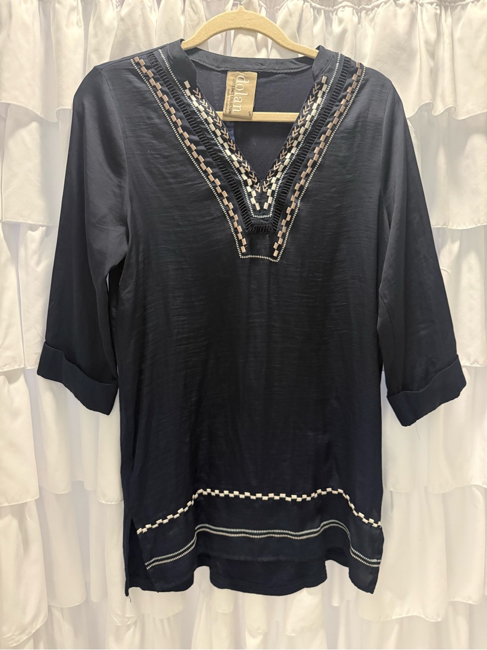 dolan Navy Embroidered V-Neck Tunic with Cream Trim